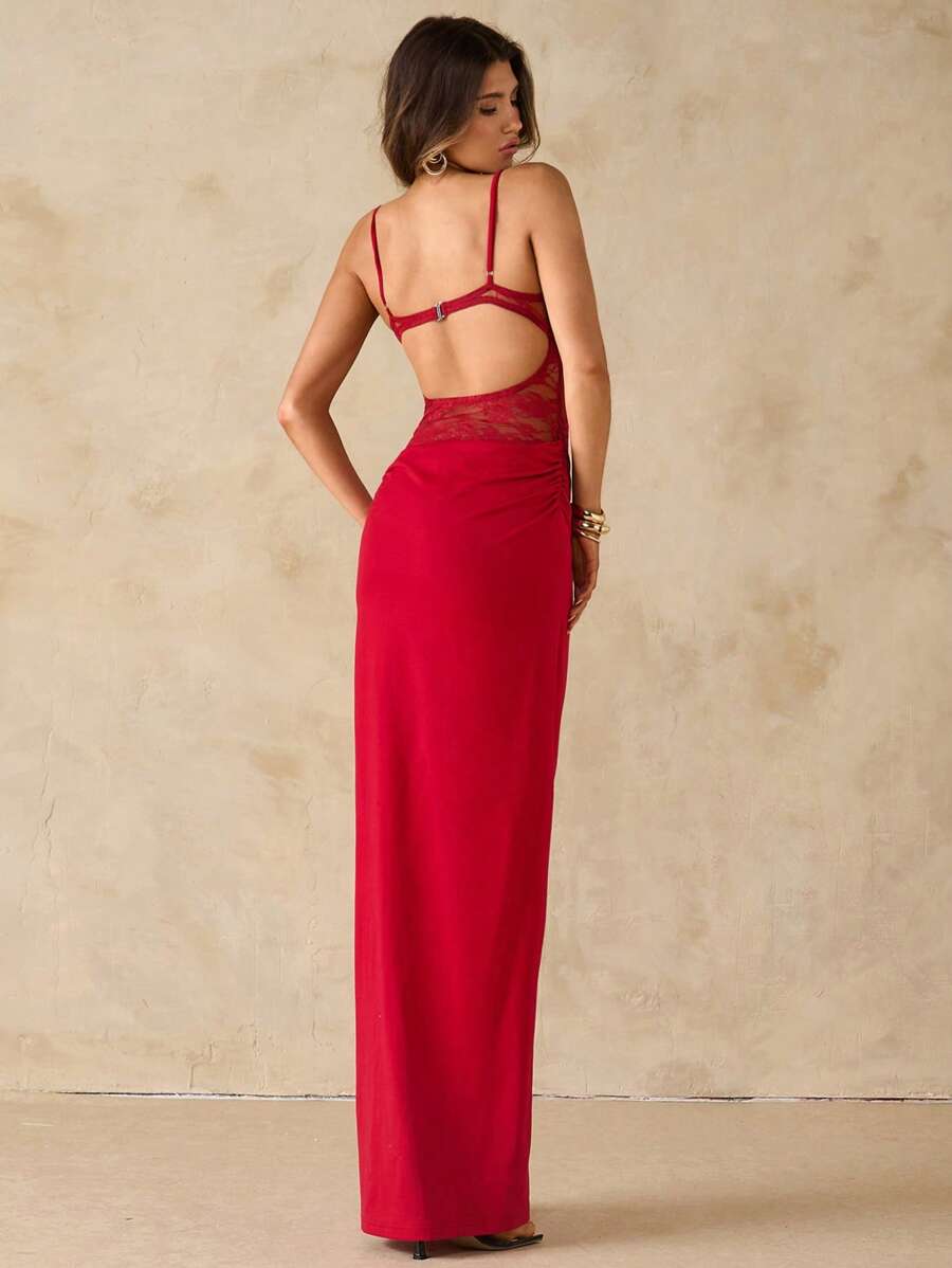 SHEIN BAE Women's Sexy Backless Lace Patchwork Ruched Solid Color Maxi Slip Dress, Suitable For Beach Vacation, Summer, Bohemian Style, Music Concerts, Wedding Guest, Bridesmaid,Halloween Clothes Women ,Halloween Costume