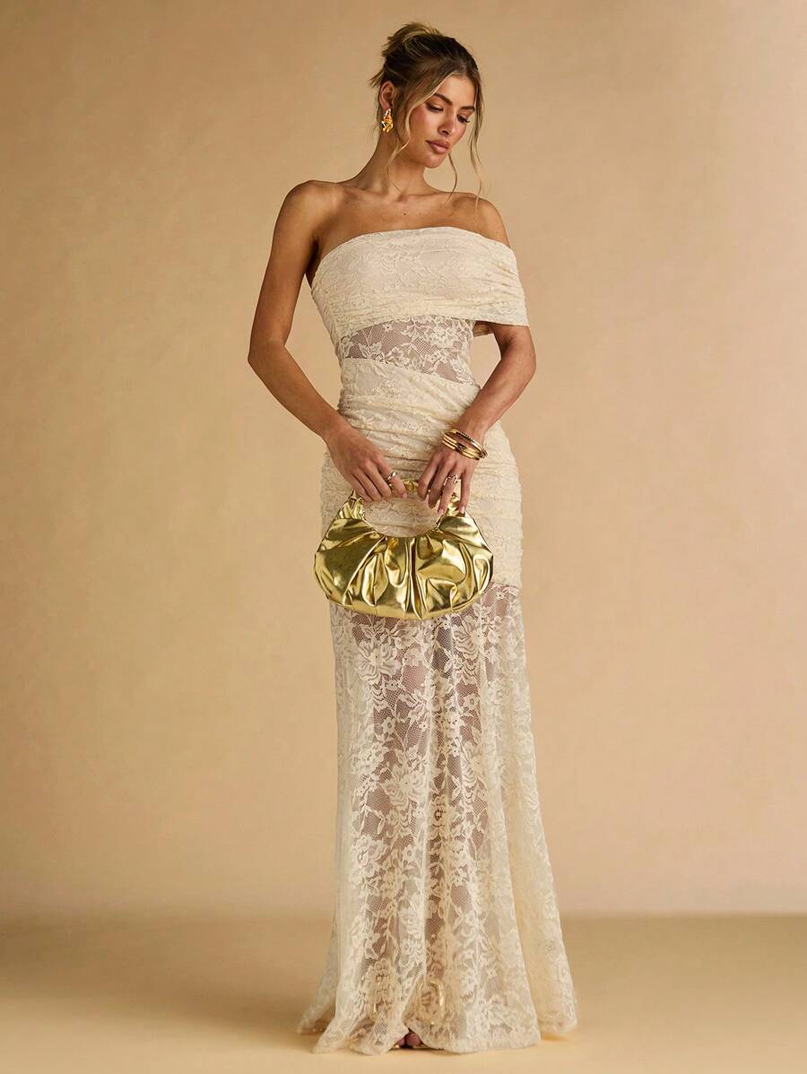 SHEIN BAE Spring And Summer Apricot Exquisite Lace Asymmetrical Off-Shoulder Collar Semi-Transparent Large Skirt Elegant Ladies Maxi Dress,Vacation Dress, Vestidos Elegantes De Mujer,Summer Dress,Beach Outfits For Woman,Wedding Guest Dress Women,Birthday