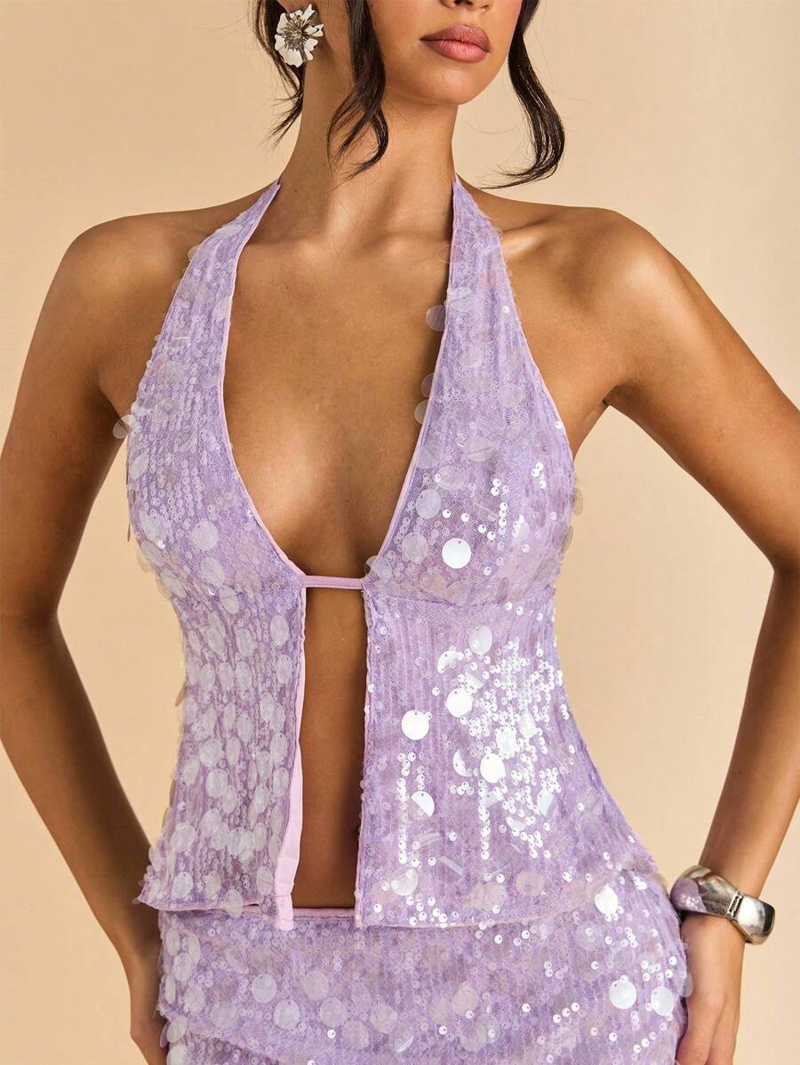 SHEIN BAE Sexy, prachtige mintgroene pailletten voor dames in de zomer, boho strandvakantie, concert, halternek, zomertop, clubtop voor dames