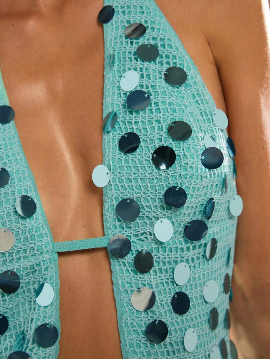 SHEIN BAE Sexy, prachtige mintgroene pailletten voor dames in de zomer, boho strandvakantie, concert, halternek, zomertop, clubtop voor dames