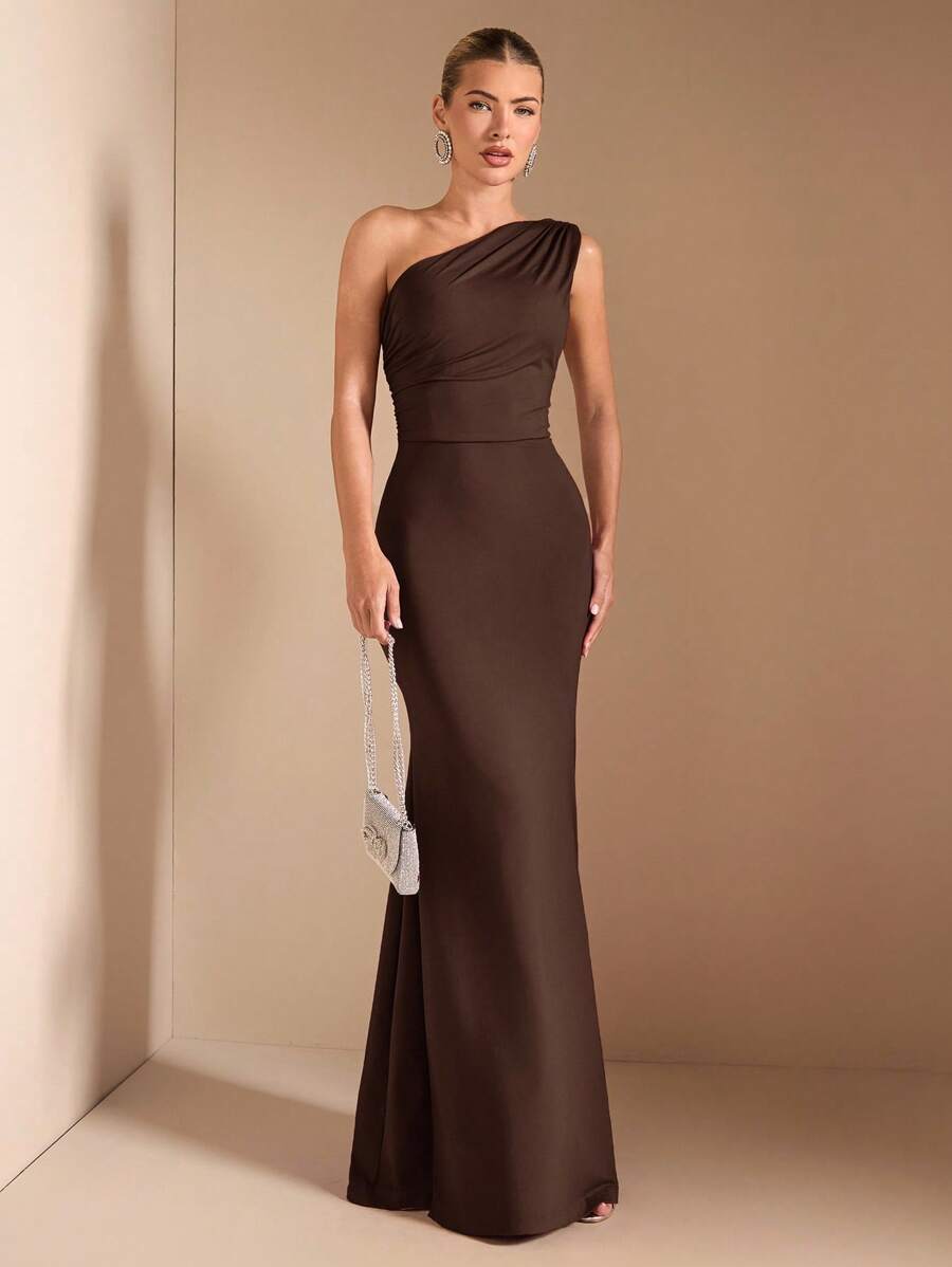 SHEIN BAE Elegant Asymmetric Neck Tied Spaghetti Strap Super Long Dress, Suitable For Casual Dates, Outing, Nightclub Party Gathering, Christmas Outfit, Burgundy