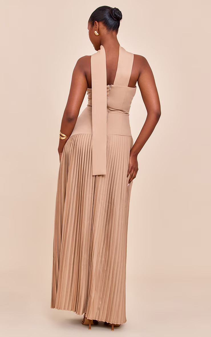 Taupe Woven Asymmetric Pleated Maxi Dress