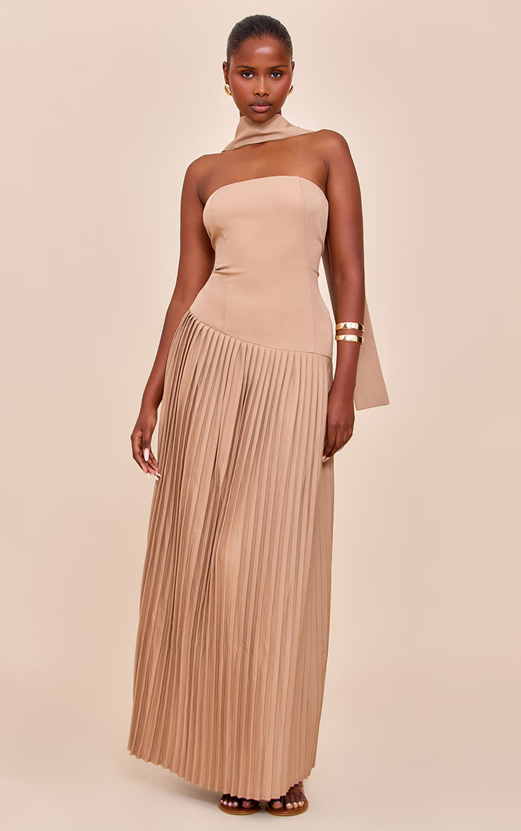 Taupe Woven Asymmetric Pleated Maxi Dress