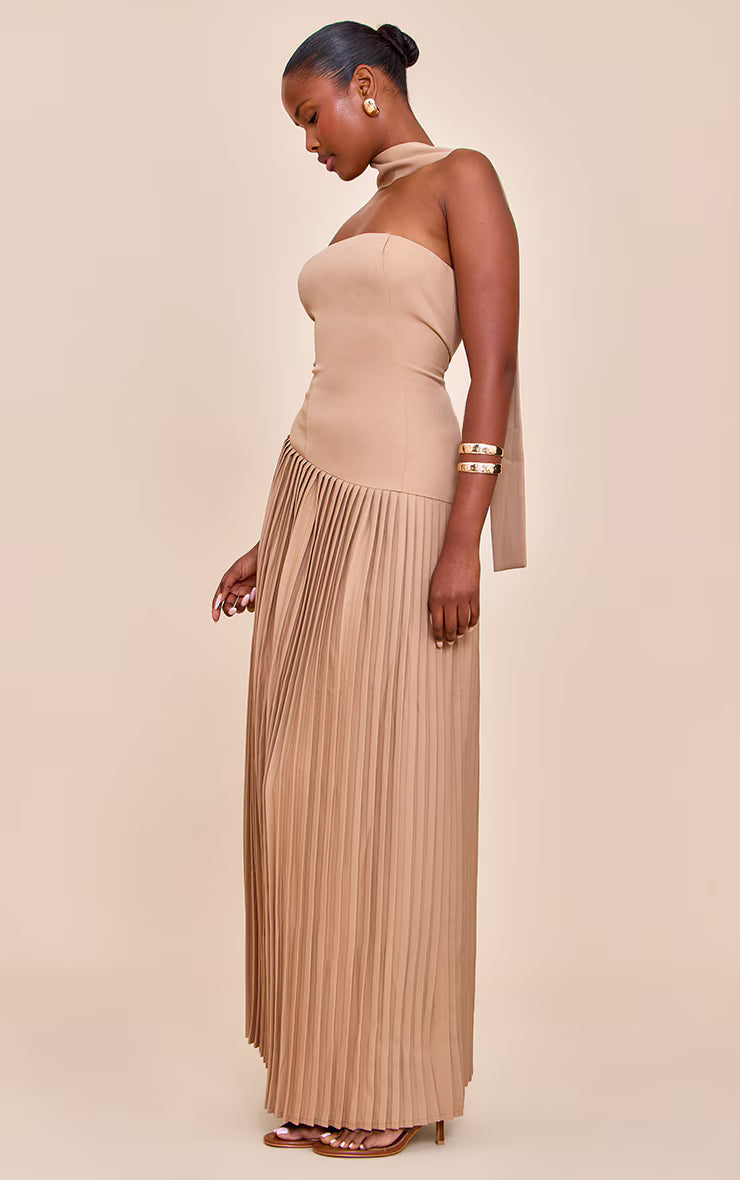 Taupe Woven Asymmetric Pleated Maxi Dress